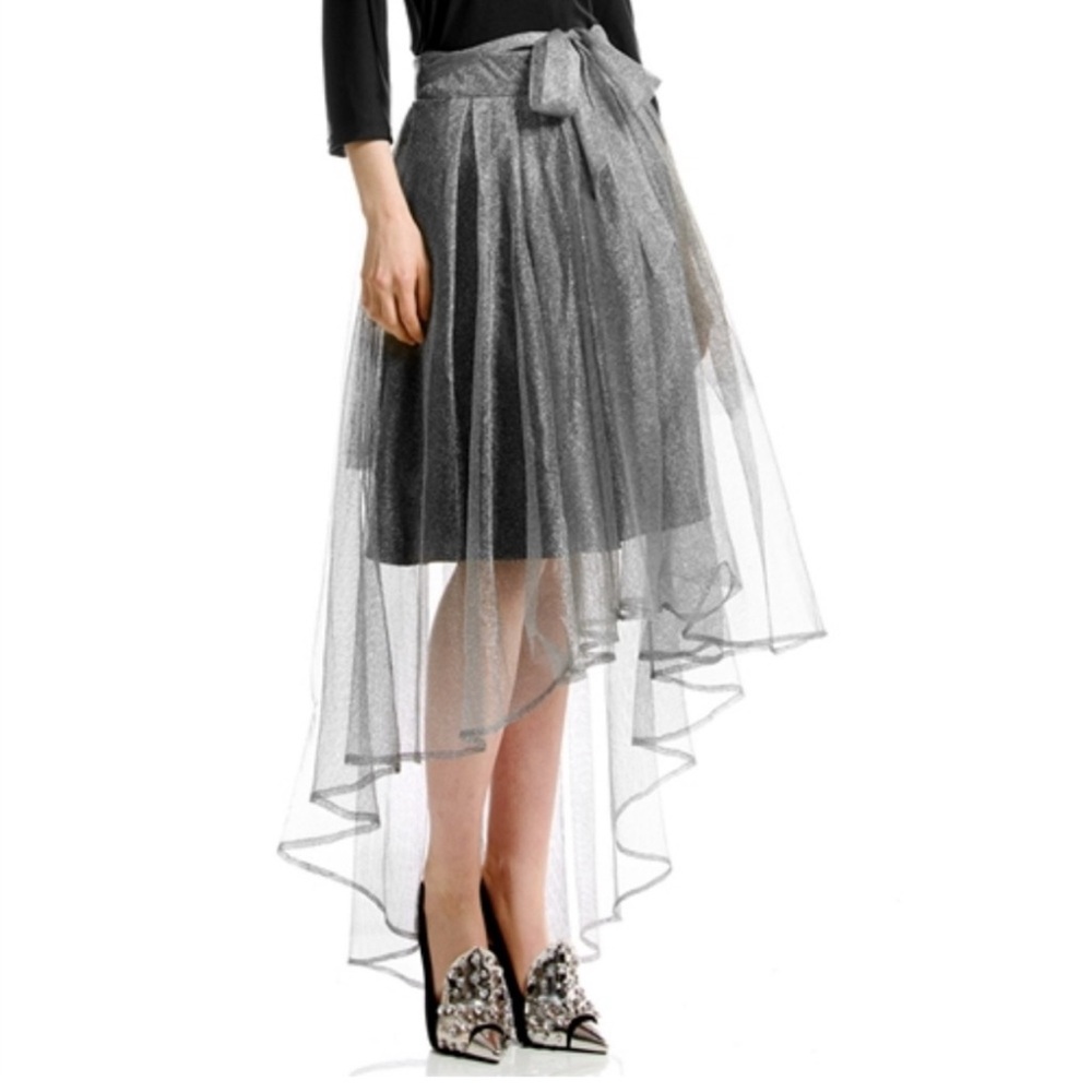 🆕NWT GRACIA VINTAGE silvery Mesh HIGH/LOW Skirt size L